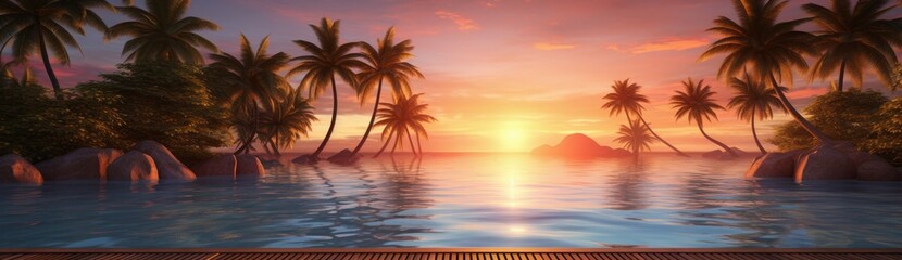 Fototapeta premium Exotic Retreat: Island Resort Offering Infinity Pool and Spectacular Sunset Scenery