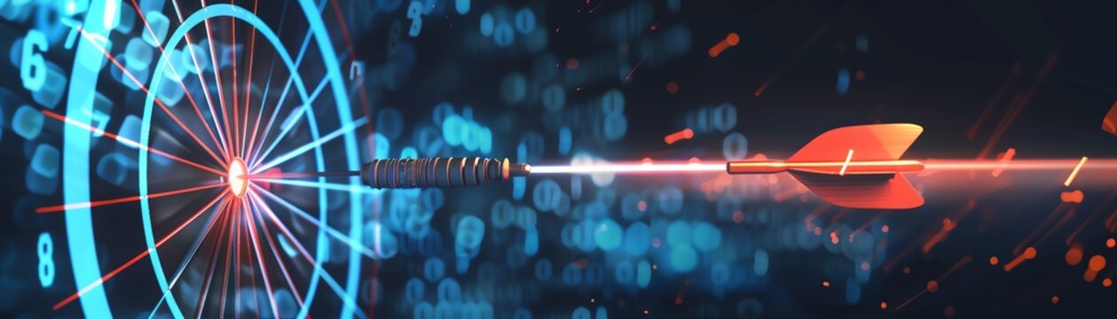  A glowing blue and red dartboard with a red dart hitting the bullseye.  The background is dark with bright lights in the distance.