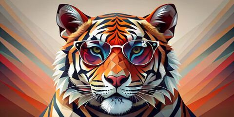 The stylised tiger is depicted in bright colours and geometric patterns against a radiant background. He wears glasses, which give the animal a whimsical, anthropomorphic appearance.AI generated.