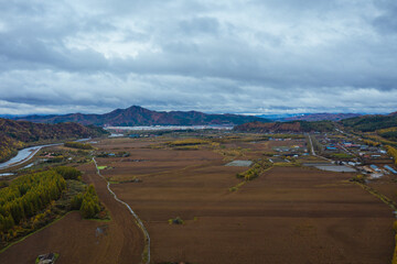 Aerial photography of the forest in autumn in the hinterland of Xiaoxinganling, Yichun City,...