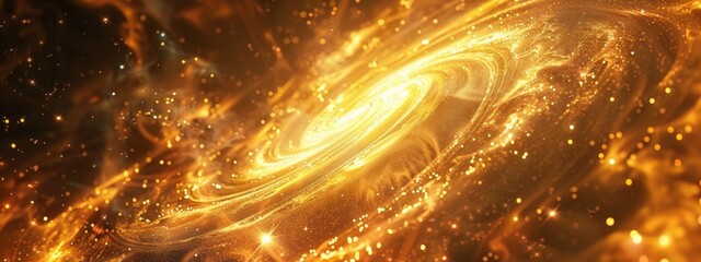 Golden fire background with swirling flames and sparks. The image is a closeup of golden abstract shapes and swirls, creating an atmosphere of mystery and magic.