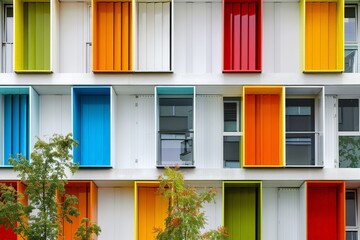 Facade of a high-rise building with colored decorative shutters.. Beautiful simple AI generated image in 4K, unique.
