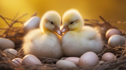 Two ducklings are sitting in a nest with eggs on a yellow-orange background