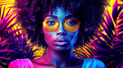 A woman with a funky hairstyle and sunglasses is the main focus of the image