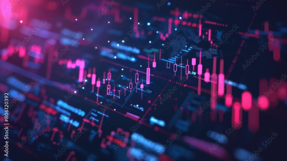 Poster a computer screen displaying candlestick charts and technical indicators, illustrating tools used fo
