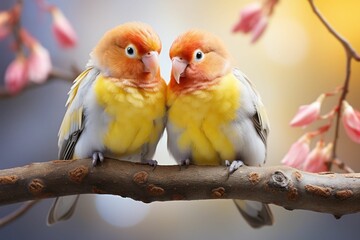 A couple of yellow-orange lovebirds sits on a tree branch with pink flowers on a blue background. Spring and love concept