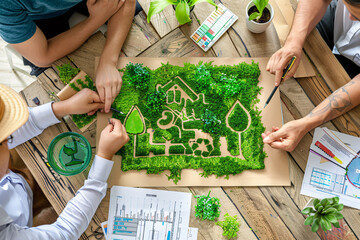 Manufacturers reviewing a blueprint for a new, eco-friendly product line that meets green and conservation standards