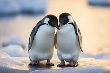 A pair of penguins stands close to each other on the ice at sunset