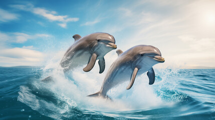 A pair of dolphins jumps out of blue sea waves on a sunny day