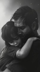 Emotional black and white portrait of a father hugging his child. Vertical poster