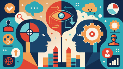 An intricate mosaic depicting two figures facing each other surrounded by symbols of logical reasoning and critical thinking. Vector illustration