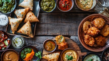 A delicious spread of vegetarian Indian street food, including samosas, pakoras, and chutneys, served on a rustic wooden table.