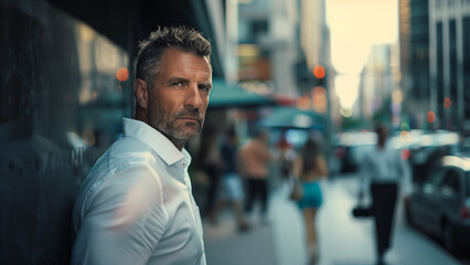 Fototapeta premium a middle-aged man in a white shirt downtown