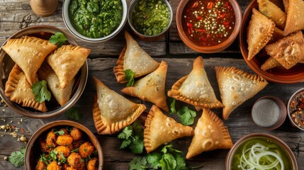 A delicious spread of vegetarian Indian street food, including samosas, pakoras, and chutneys, served on a rustic wooden table.