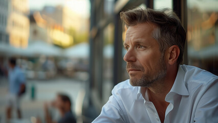 Fototapeta premium a middle-aged man in a white shirt downtown