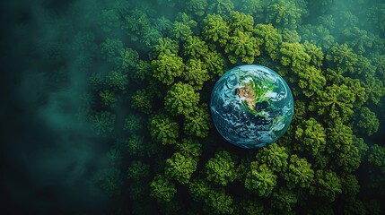 Aerial top view green forest with earth, Green planet in your hands, Save Earth, Texture of forest view from above ecosystem and healthy environment, earth day, Generative Ai 