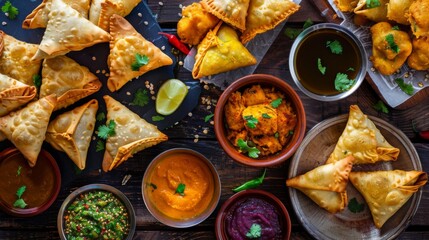 A delicious spread of vegetarian Indian street food, including samosas, pakoras, and chutneys, served on a rustic wooden table.