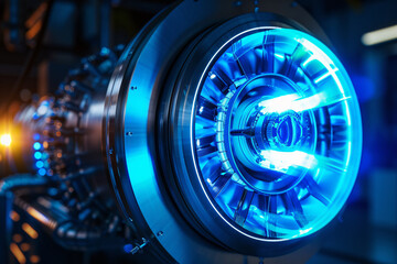 Advanced ion propulsion engine with glowing blue thruster. Futuristic spacecraft technology in closeup. Futuristic technology. 