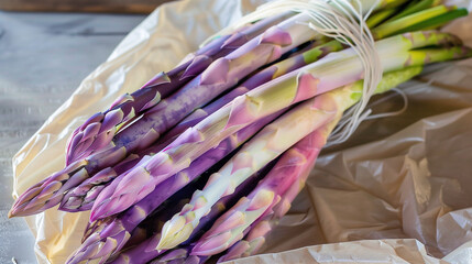 Bunch of purple and green asparagus tied with string on paper.