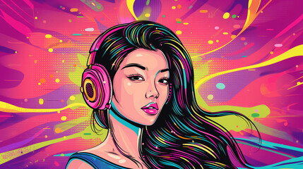 pop art comic book retro vintage style woman listen music in headphones profile portrait, 