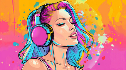 pop art comic book retro vintage style woman listen music in headphones profile portrait, 