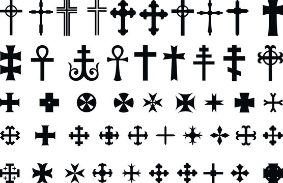 large set of different religious Christian crosses black isolated on white background