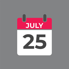 July 25 calendar reminder. 25 July daily calendar icon template. Calendar 25 July icon Design template. Vector illustration
