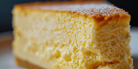 A close-up of the macro texture of the dessert. Cheesecake cut, bakery background.