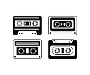 cassette tape music audio classic traditional vector design icon black white flat illustration collections set
