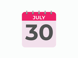 July 30 calendar reminder. 30 July daily calendar icon template. Calendar 30 July icon Design template. Vector illustration
