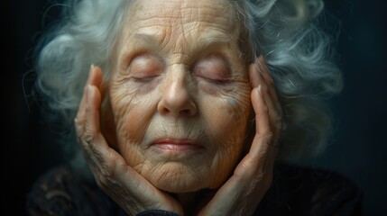 elderly woman with her eyes closed and hands on cheeks - Powered by Adobe