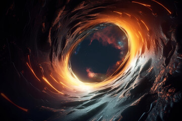 Surreal space tunnel with vibrant cosmic backdrop and glowing edges
