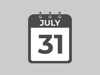 July 31 calendar reminder. 31 July daily calendar icon template. Calendar 31 July icon Design template. Vector illustration
