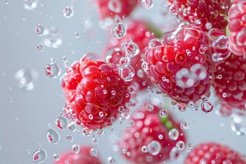 close-up of raspberries in drops of water. Created by AI.. Beautiful simple AI generated image in 4K, unique.