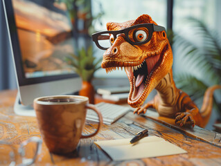 A dinosaur with glasses sits at a desk with a coffee cup
