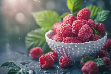Pattern of raspberry on dark rock background. Flat lay summer berries - red raspberries. Creative minimalism. Frony view. Beautiful simple AI generated image in 4K, unique.