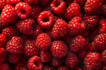 Pattern of raspberry on blue background. Flat lay summer berries - red raspberries. Creative minimalism. Beautiful simple AI generated image in 4K, unique.