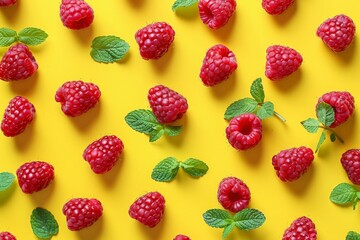 Pattern of raspberry on dark rock background. Flat lay summer berries - red raspberries. Creative minimalism. Frony view. Beautiful simple AI generated image in 4K, unique.