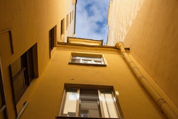 View of the sky in a typical St. Petersburg well courtyard.