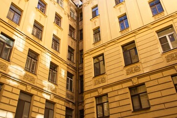 St. Petersburg, Russia, July 26, 2020. Corner of an ancient building, view from the courtyard.