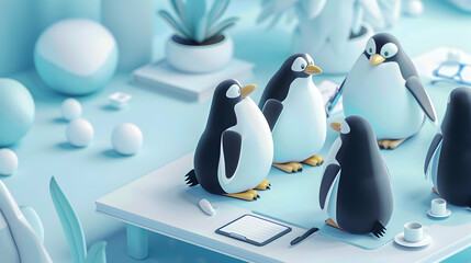 Photo of Ultra-Realistic Penguin Business Strategy Banner in Isometric Scene for Corporate Planning and Decision Making Services Promotion