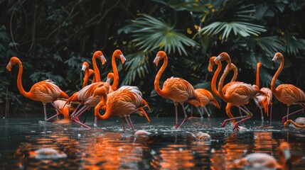 Flock of flamingos walking through shallow water

