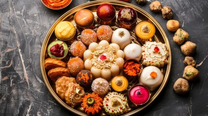 A festive Indian dessert platter featuring assorted sweets such as gulab jamun, rasgulla, and barfi, perfect for celebrating special occasions.