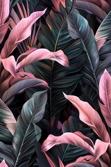 Tropical luxury exotic seamless pattern. Pastel colorful banana leaves, palm. Hand drawn vintage 3D illustration. Dark glamor background design.