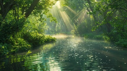 Craft an image of a peaceful river winding through a lush forest,