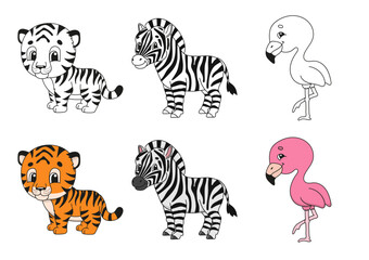 Set coloring page for kids. Cute cartoon characters. Black stroke. With sample. Bright stickers. Vector illustration.