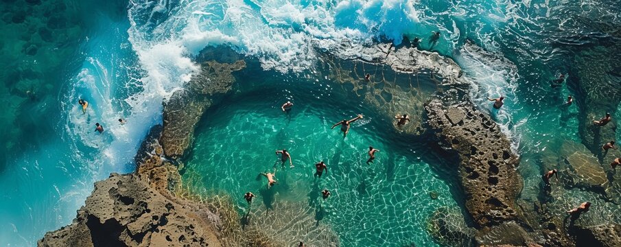 Aerial drone view of large ocean waves breaking over rocks and flooding a tidal pool with children swimming, Boucan Canot, Saint Paul, Reunion.