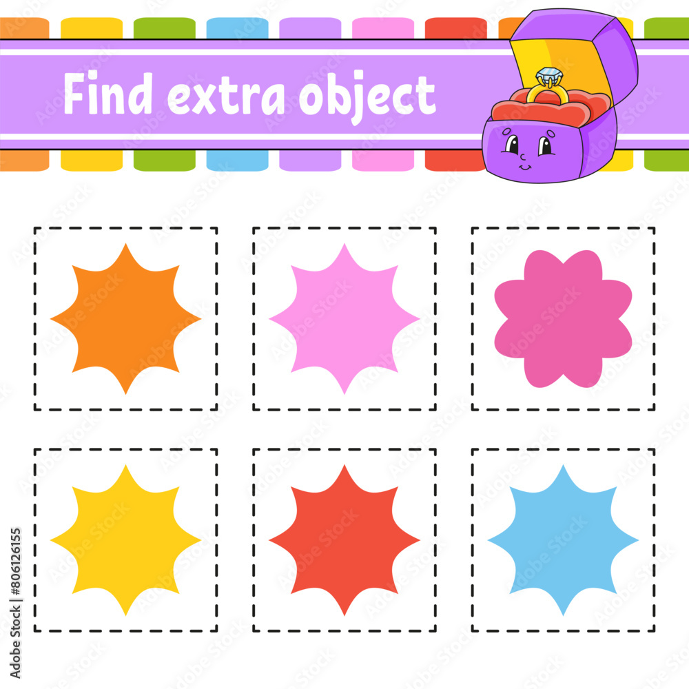 Sticker Find extra object. Educational activity worksheet for kids and toddlers. Game for children. Cute characters. Vector illustration.