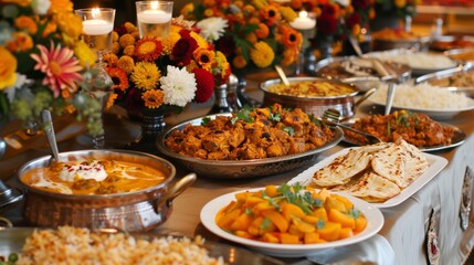Obraz premium A festive Indian wedding banquet table laden with a variety of colorful and aromatic dishes, showcasing the richness of Indian culinary traditions.