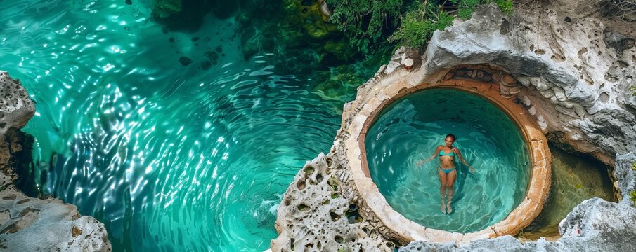 Aerial view of a woman relaxing at Tamul Huasteca water pool, Potosina, Mexico.